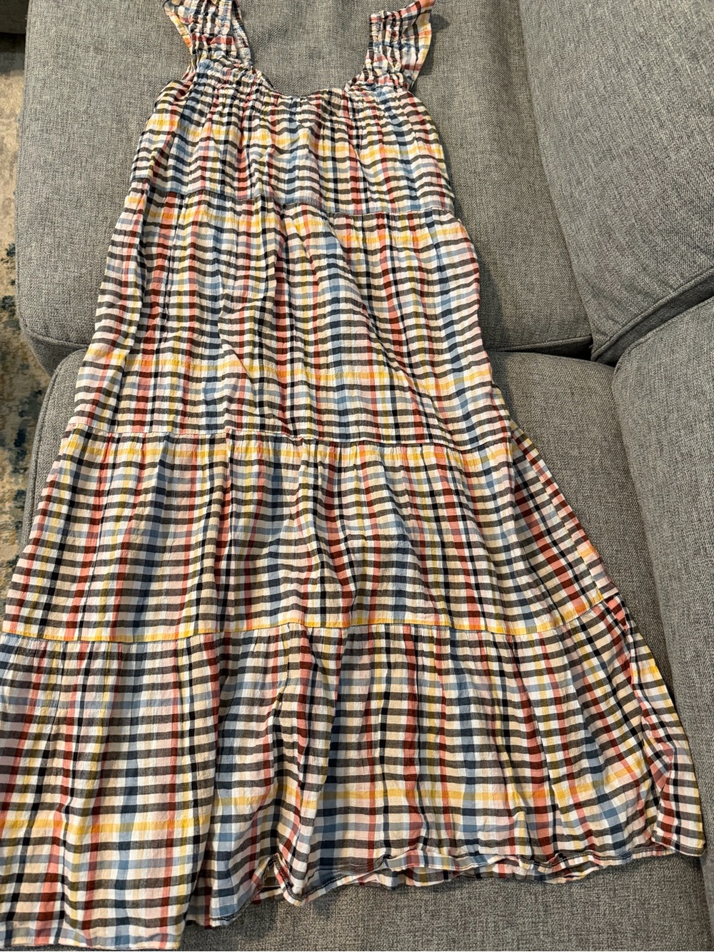 LOFT Multi-Color Plaid Tiered A-Line Maxi Dress XXSP VGUC on or off shoulder